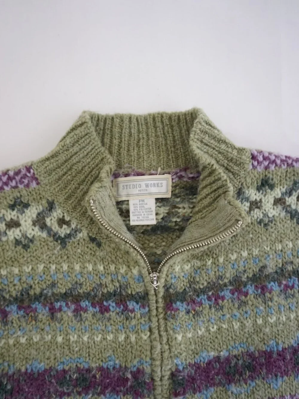 Vintage Studio Works Green Fair Isle Knit Zip Cardigan Nordic Pattern Petite PM - Picture 9 of 10